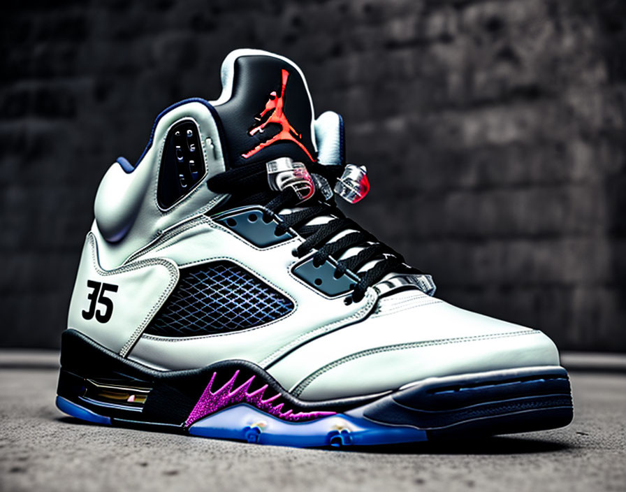 White Upper Air Jordan 5 Sneakers with Black, Pink, Blue Accents