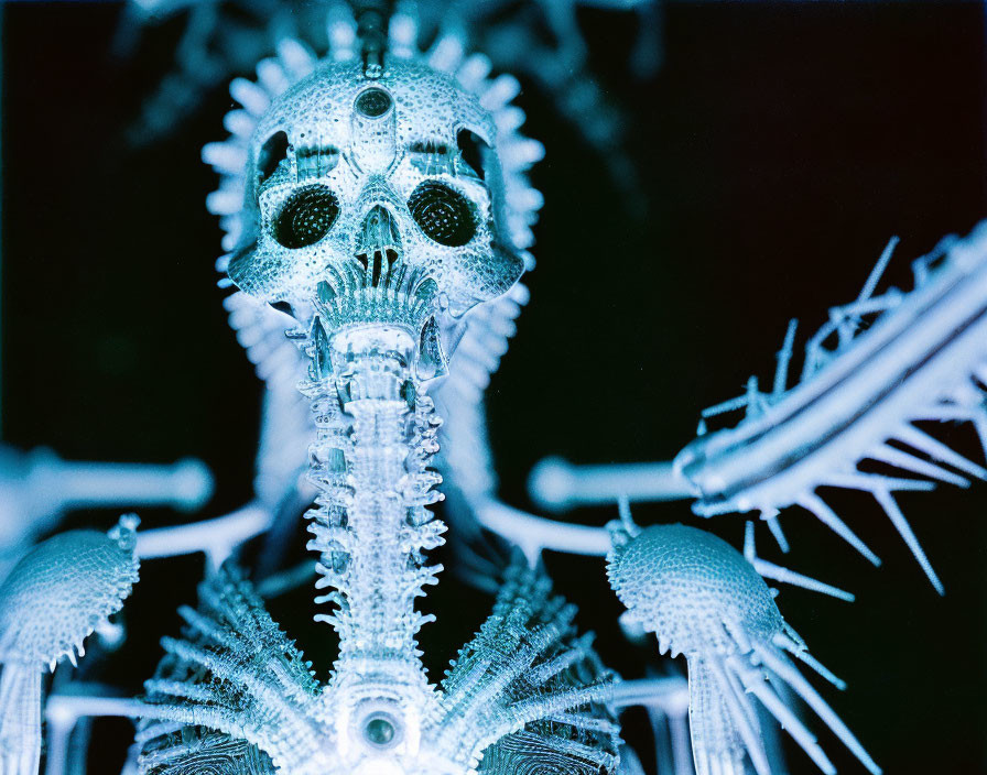 Detailed skeletal sculpture with intricate designs and patterns of a fantastical creature.