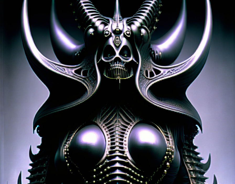 Intricate symmetrical design with large horns and skeletal face