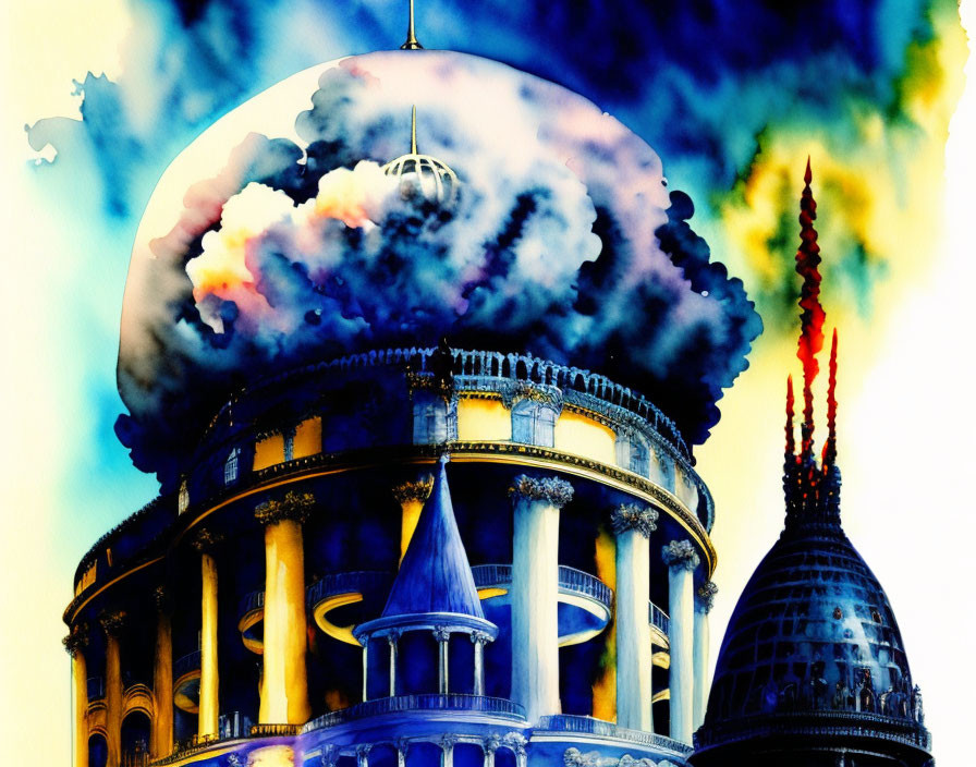 Colorful Surreal Artwork of Classical Building with Dome and Smoke-Like Clouds