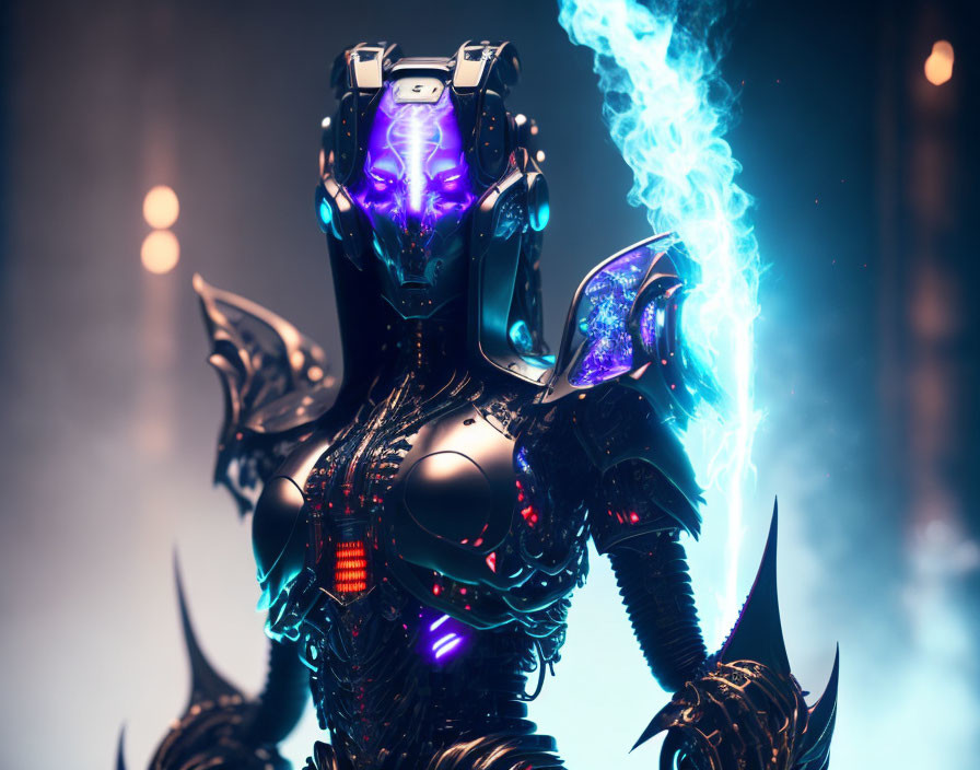 Futuristic armored robot with glowing purple and blue accents and energy weapon on abstract background