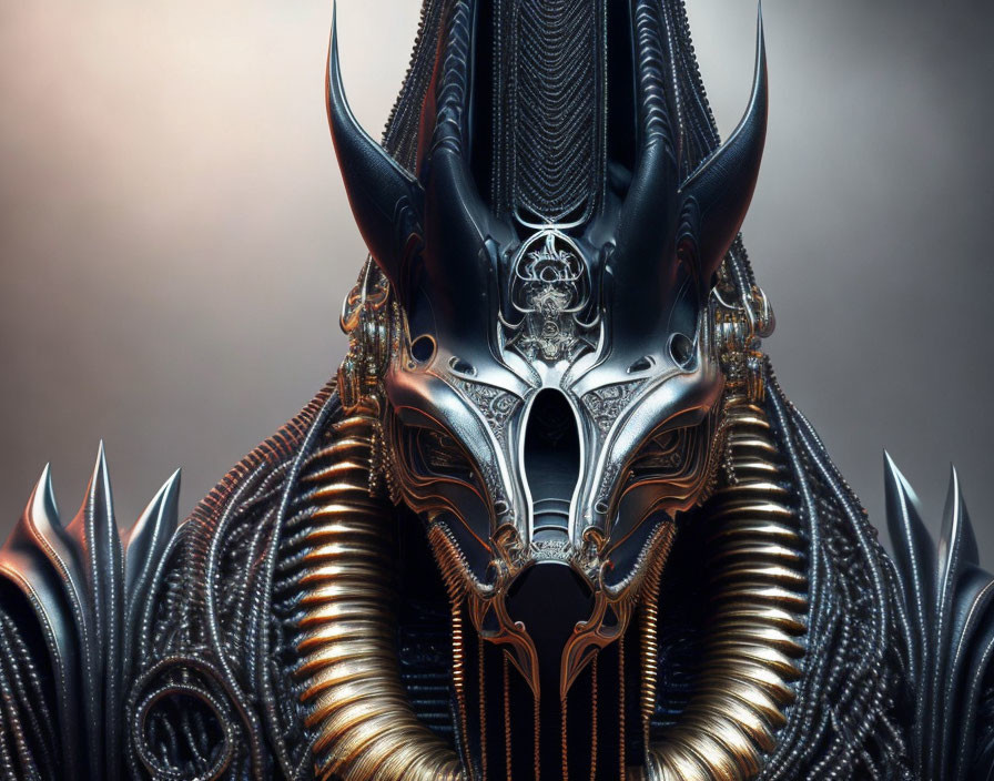 Detailed futuristic armored figure with intricate helmet designs and metallic serpent embellishments