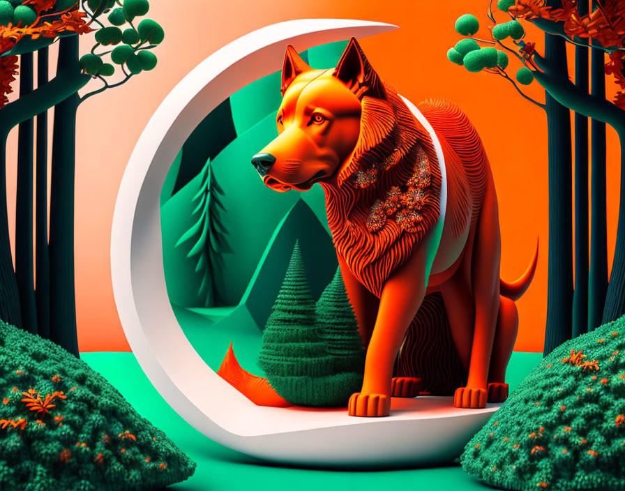 Stylized 3D image of orange dog in surreal forest setting