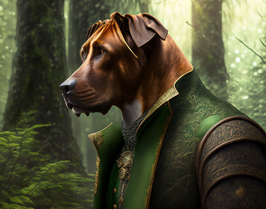 Regal Dog with Human-like Features in Ornate Green and Gold Jacket in Mystical Forest