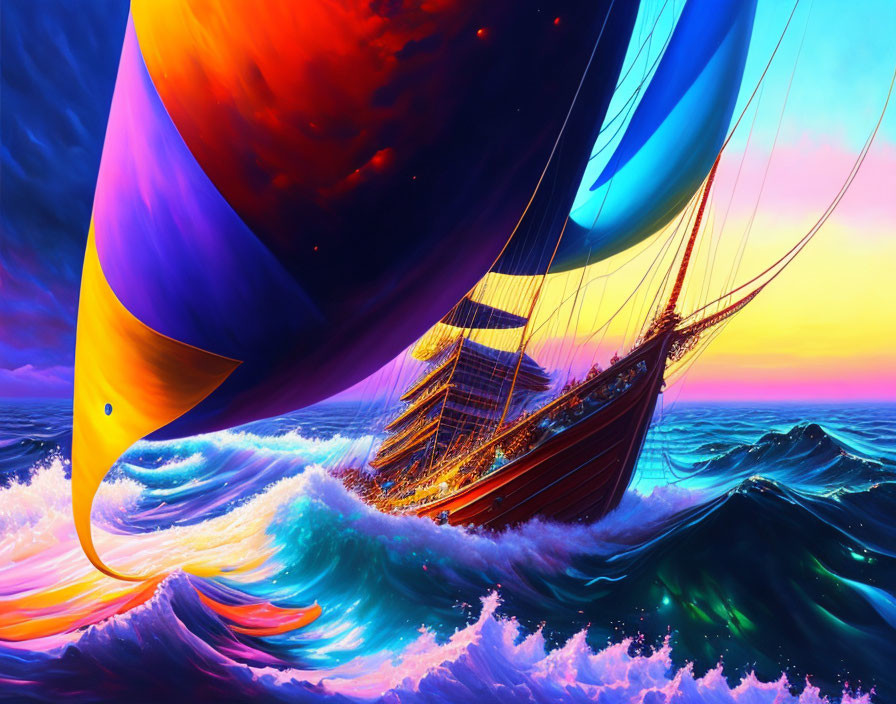 Colorful Sailing Ship Artwork in Stormy Sunset Seas