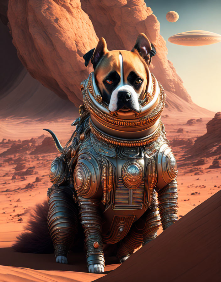 Detailed Spacesuit-Wearing Dog on Mars-Like Landscape with Planet and Rings