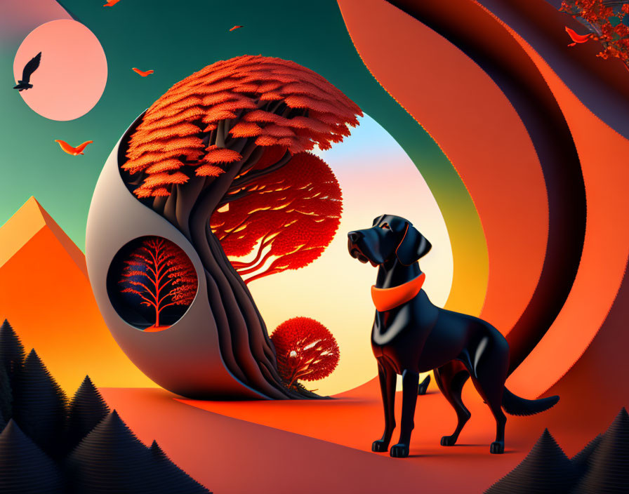 Digital artwork featuring black dog in surreal landscape with circular tree and red-orange waves under pink sky