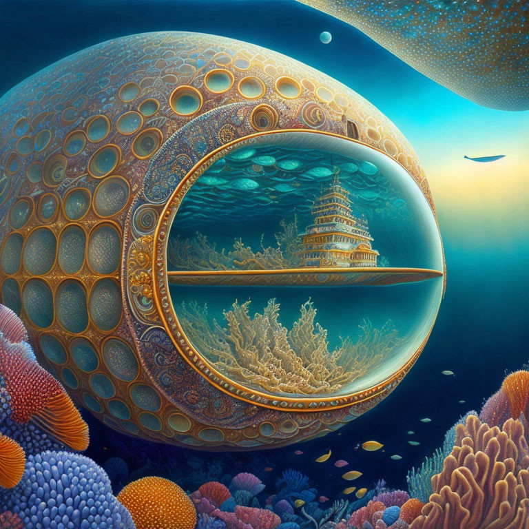 Circular Underwater Habitat with Multi-Level Structure and Coral Reefs