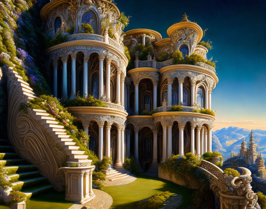 Fantasy palace with golden arches, balconies, grand staircases, against mountainous backdrop.