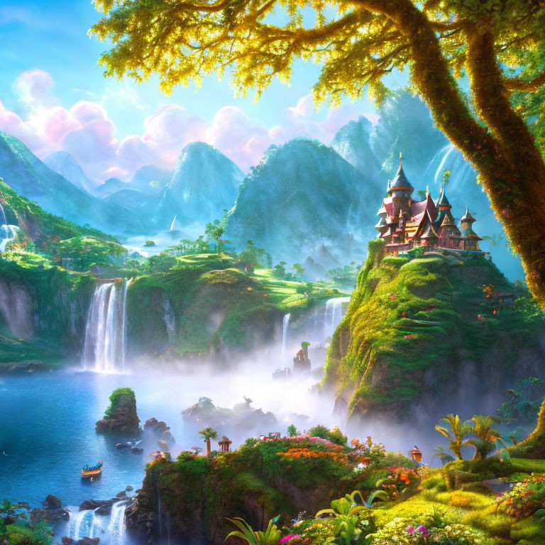 Colorful Fantasy Landscape with Castle, Waterfalls, Lake, and Boats