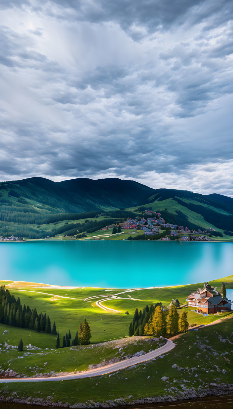 Scenic blue lake amidst green fields and hills under cloudy sky