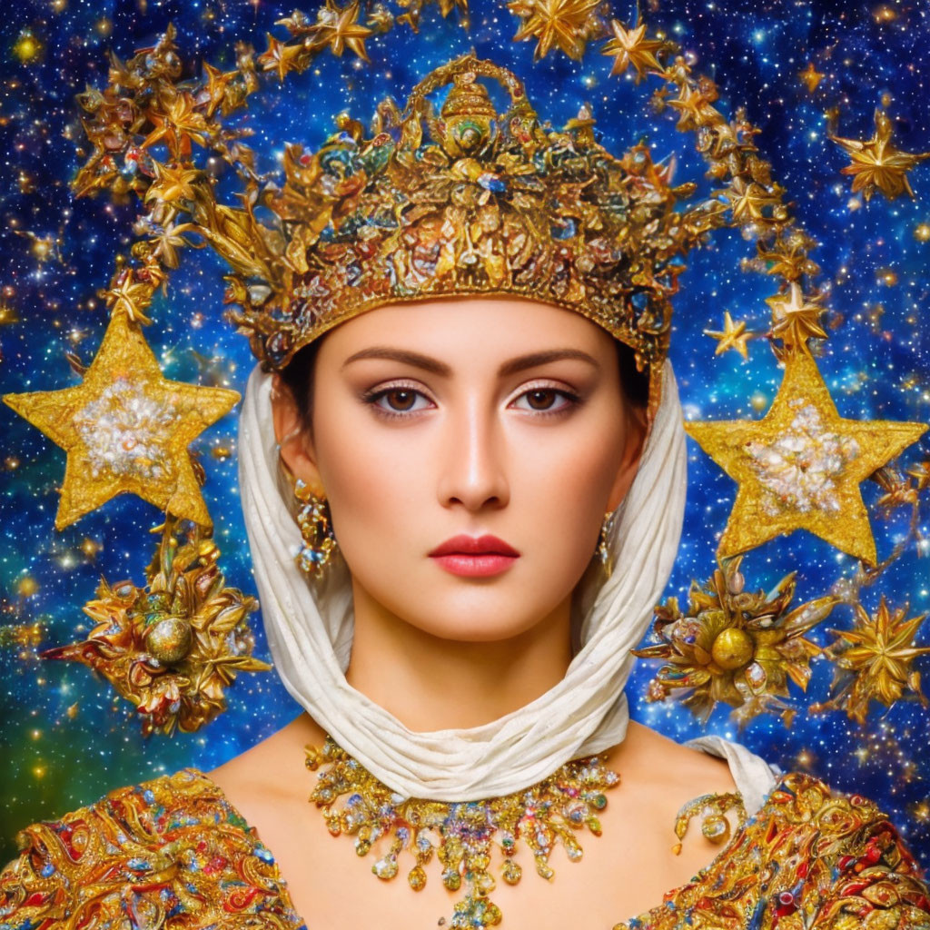 Woman in ornate headdress and cosmic attire against starry backdrop