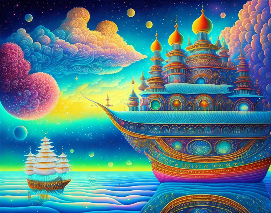 Colorful Psychedelic Ship Sailing on Wavy Sea amid Starry Sky