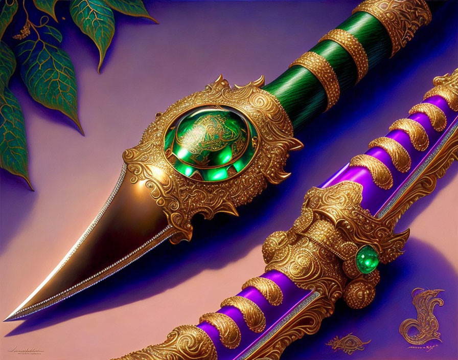 Golden Dagger with Emerald Accents and Intricate Patterns on Purple Background