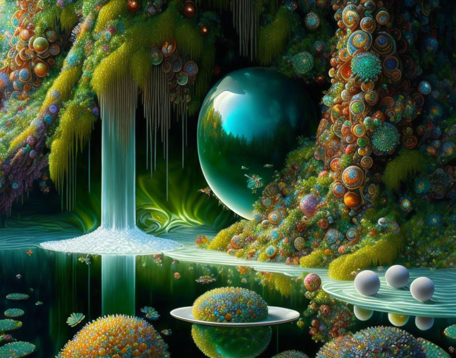 Surreal landscape with lush vegetation, waterfalls, orbs, and moss-covered formations