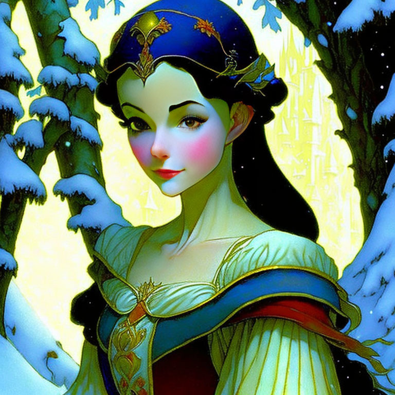 Pale-skinned female character in blue and red attire, in snowy forest with castle.