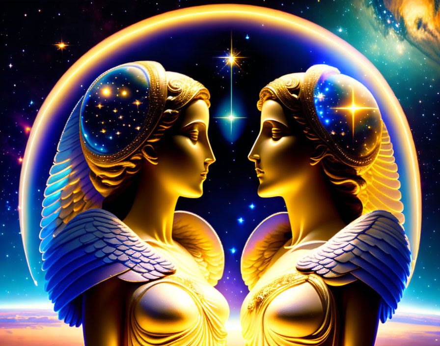 Symmetrical angelic figures in cosmic digital artwork