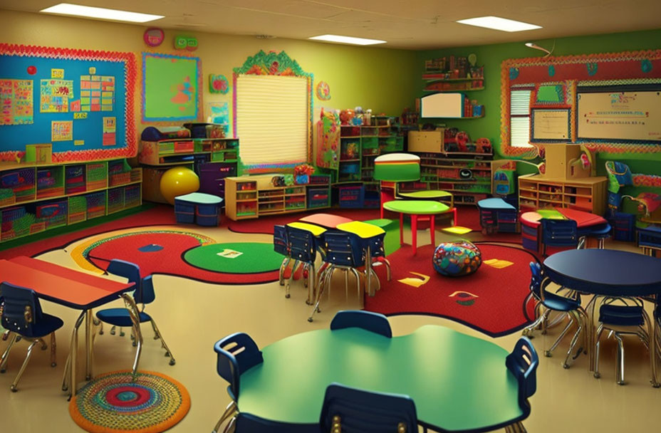 Vibrant Preschool Classroom with Educational Posters and Play Area