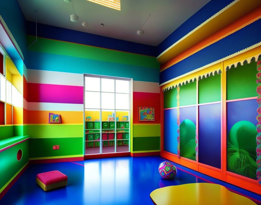 Bright Multicolored Striped Walls in Vibrant Children's Playroom