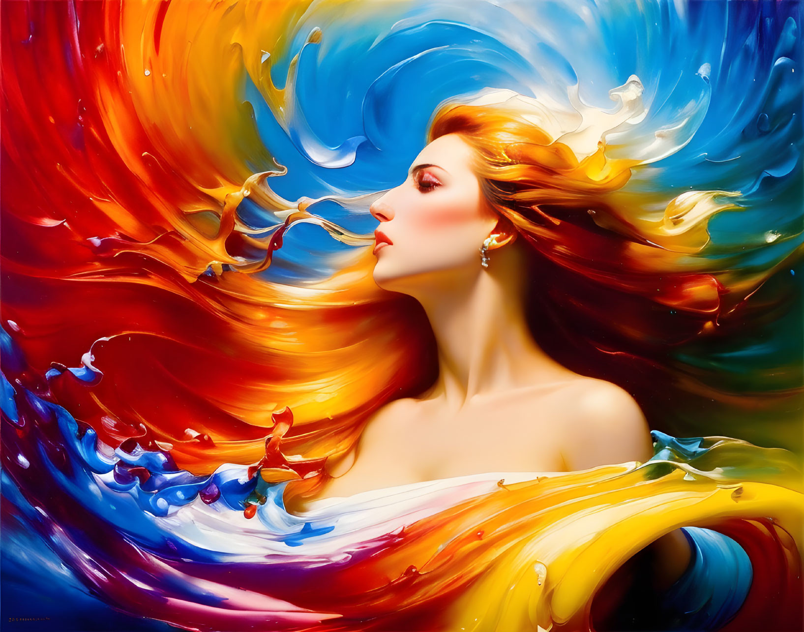 Colorful digital artwork: Woman with flowing hair in vivid reds, blues, and yellows