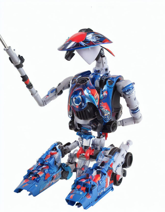 Samurai-themed robot toy figure with blue and red armor and spear