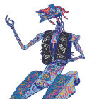 Samurai-themed robot toy figure with blue and red armor and spear