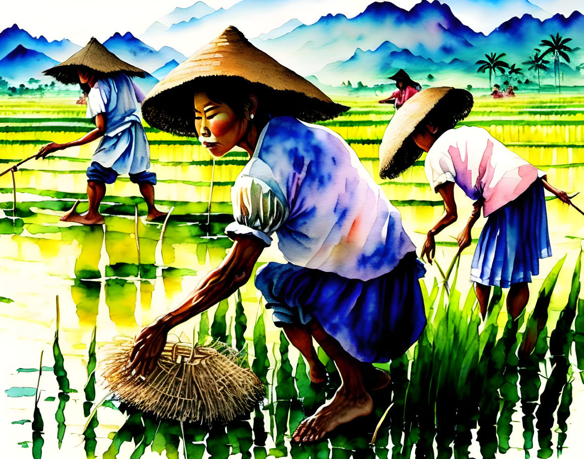 Three individuals in traditional conical hats working in vibrant green rice paddy with mountainous backdrop.
