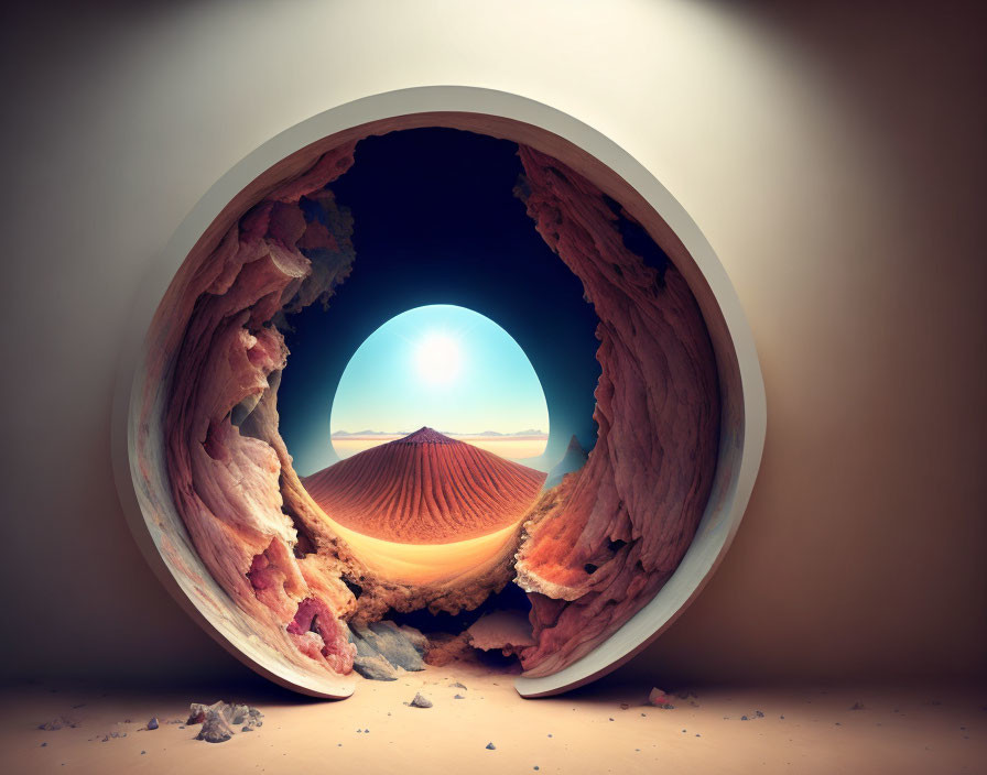 Circular Portal Revealing Desert Landscape and Sand Dunes