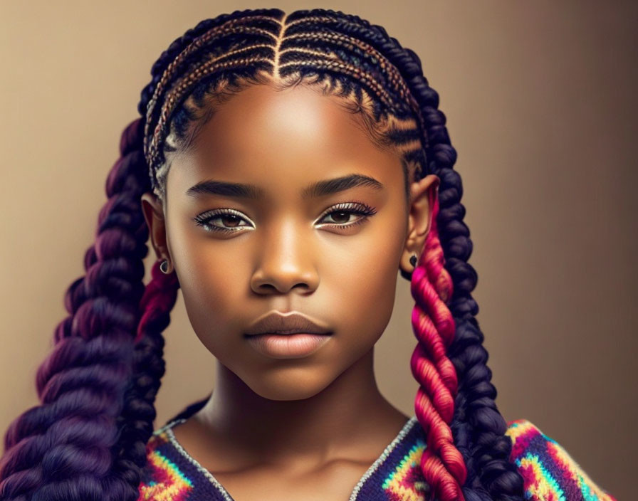 Young girl with elaborate braids and colorful top gazes serenely.