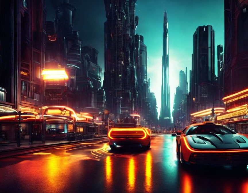 Futuristic night cityscape with neon lights, high-rises, and advanced vehicles on wet street