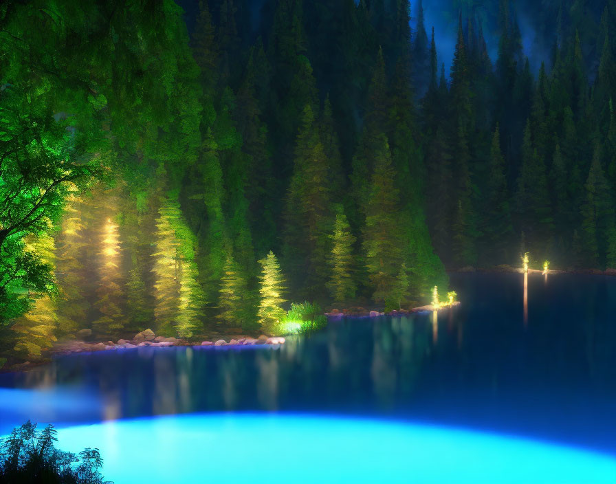 Tranquil Lake Surrounded by Evergreen Forests