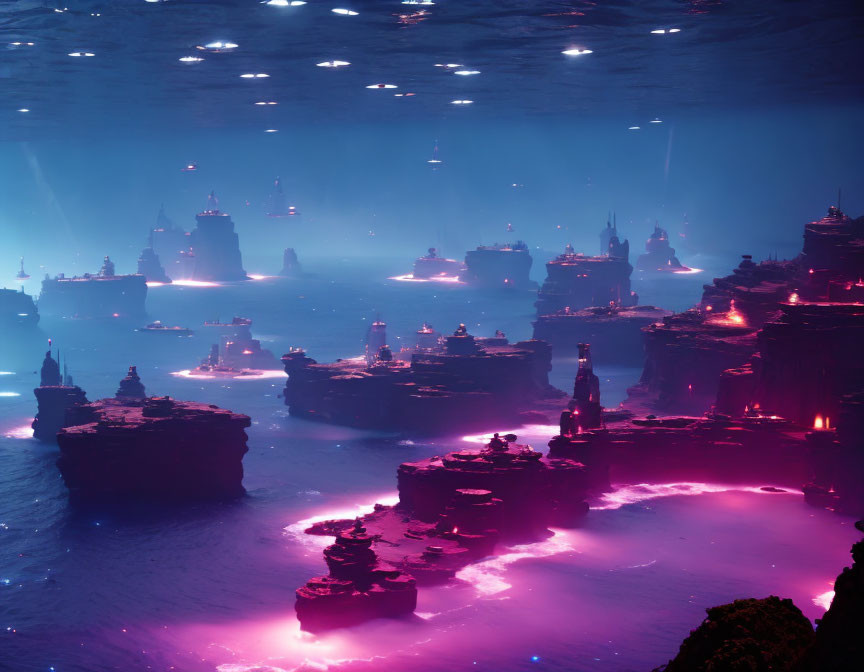 Futuristic cityscape with floating platforms over purple abyss