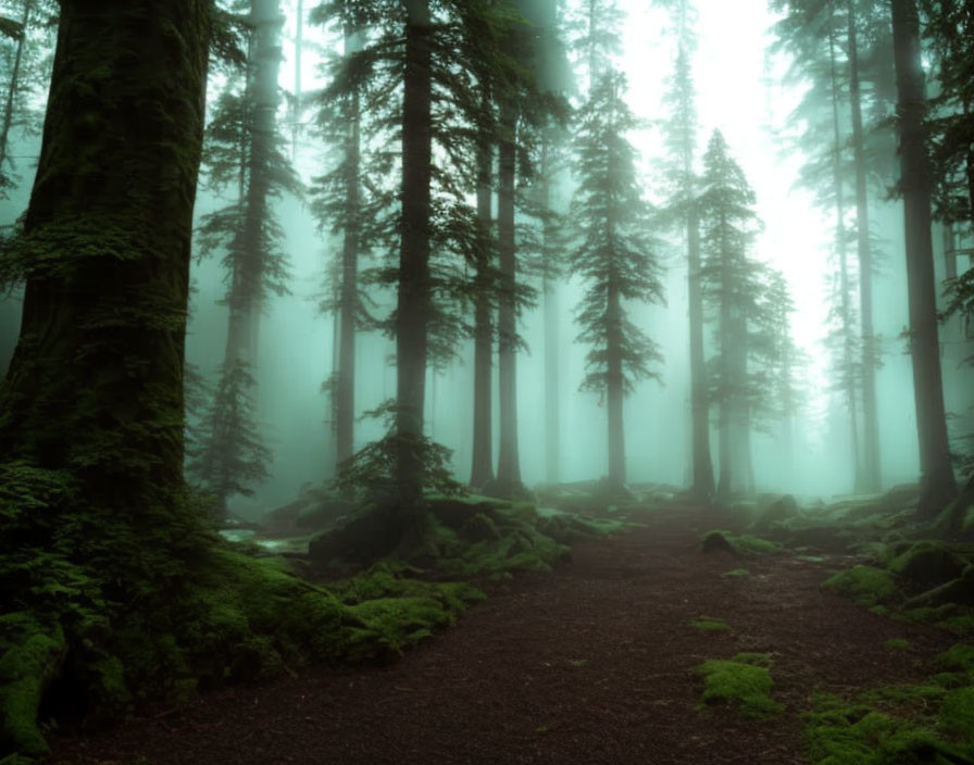 Misty forest with tall trees, green moss, and a faint path