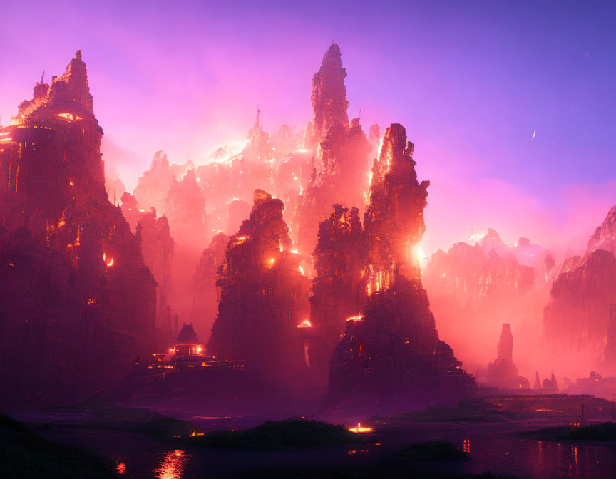 Ethereal purple rock formations in mystical landscape