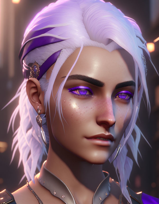 Digital portrait: Female figure with purple eyes, white hair, gold accessories, and glowing eyes