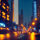 Futuristic night cityscape with illuminated high-rises and neon lights