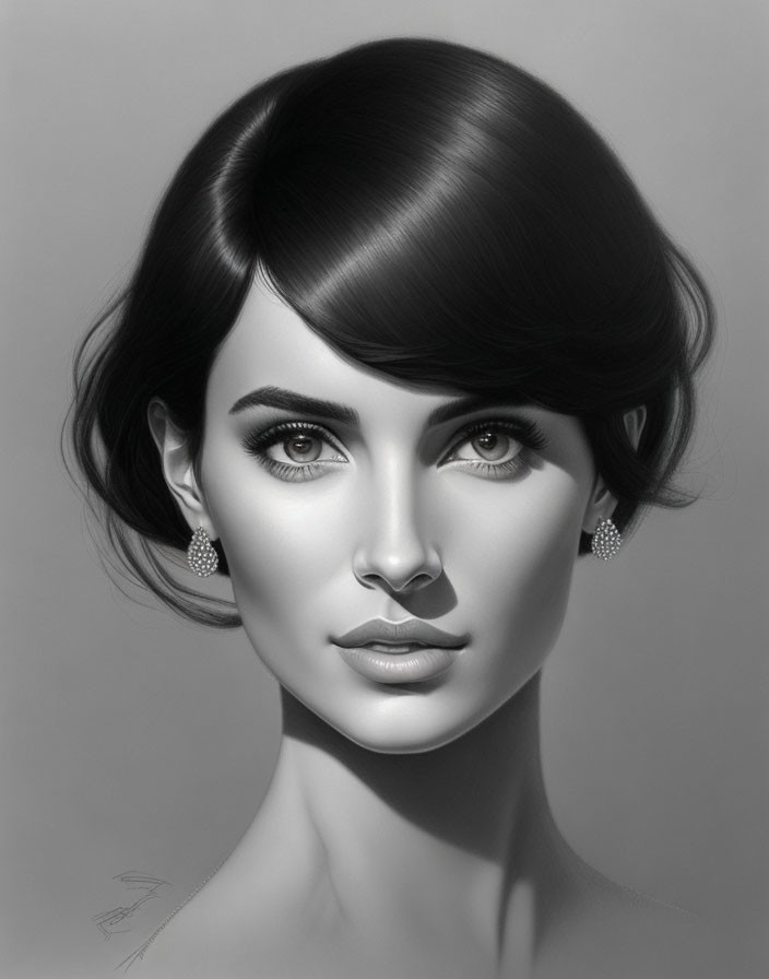 a pencil sketch of a woman with short dark hair