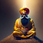 Sikh man in traditional attire meditates against mystical backdrop