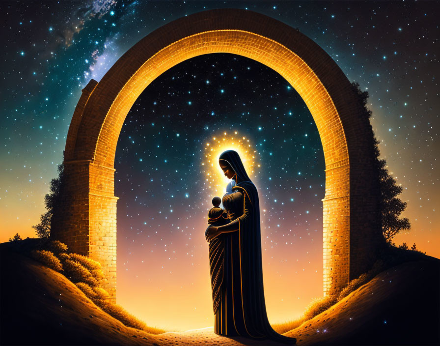 Illustration of robed figure with child under starry sky and stone arch
