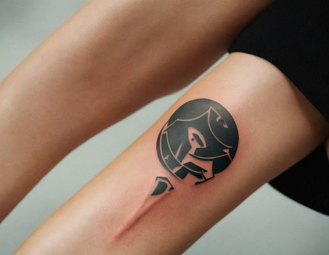 Circular black tattoo with stylized figures symbolizing unity on arm