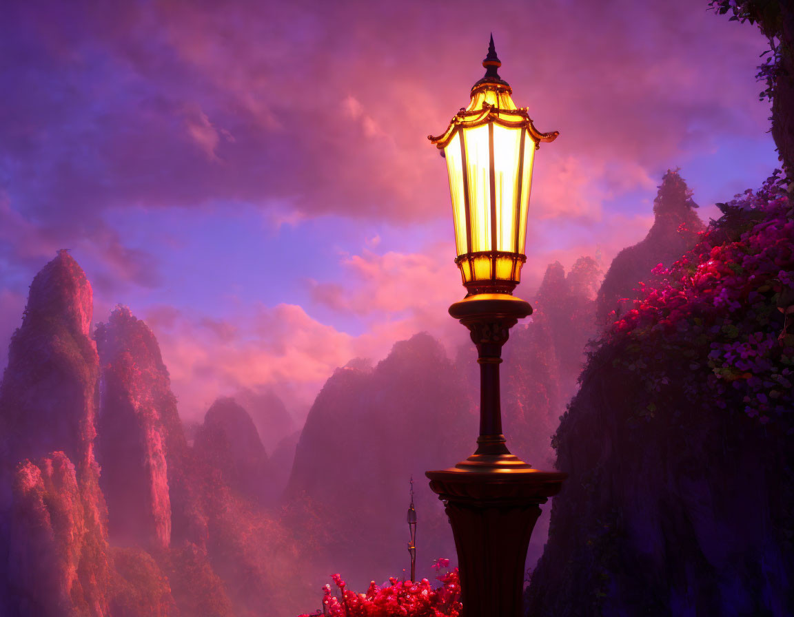 Lantern in flower garden with misty mountains and purple sunset sky