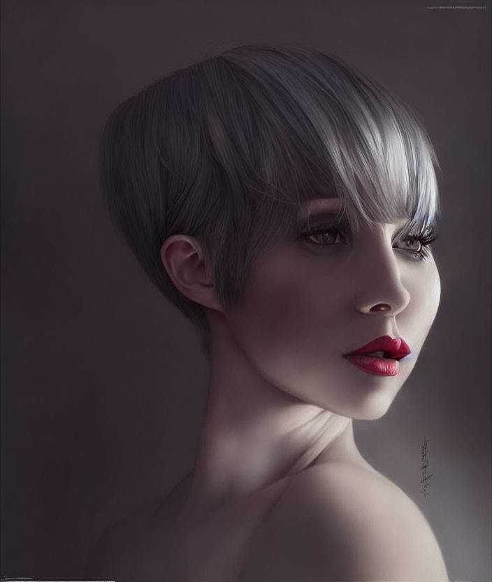 Portrait of Woman with Short Silver Bob Haircut and Striking Red Lips