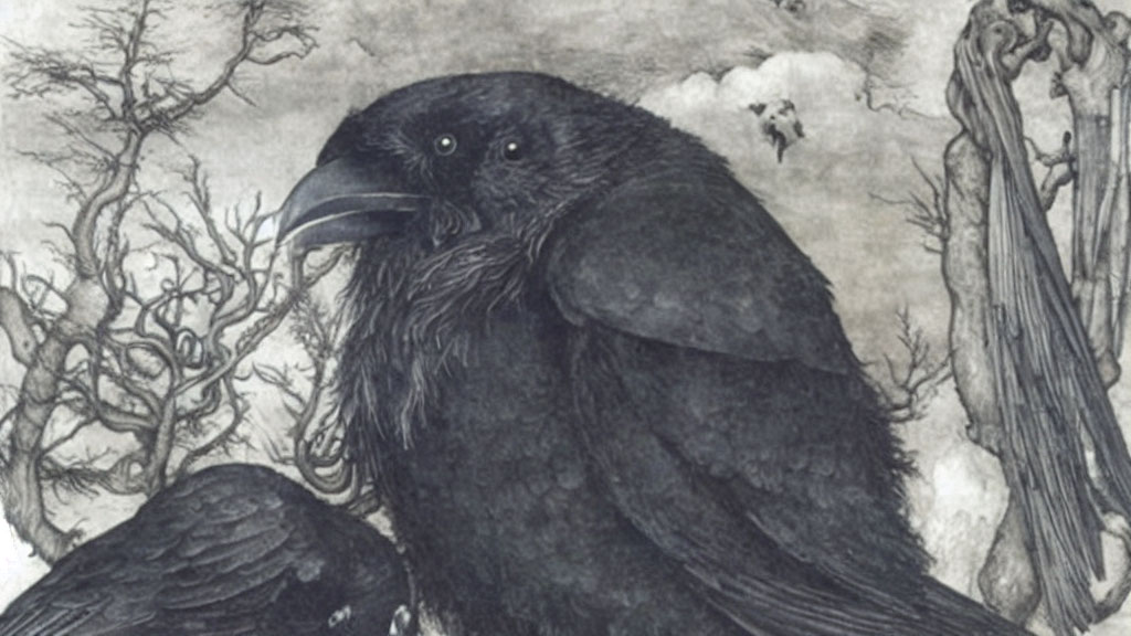 Detailed illustration of large raven with textured plumage in barren tree backdrop