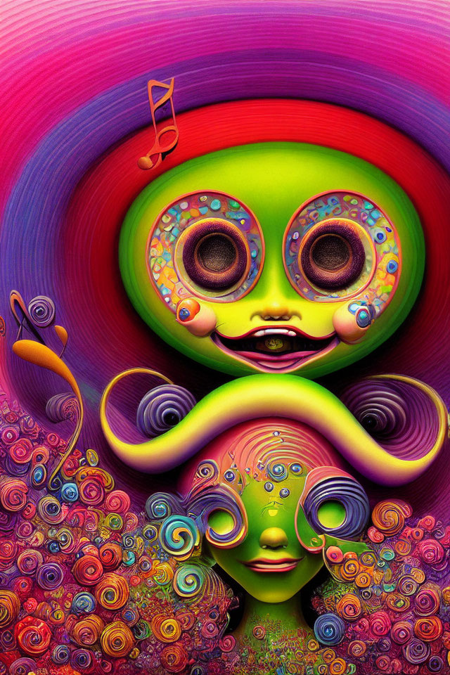 Colorful Abstract Face Illustration with Swirling Patterns and Musical Notes