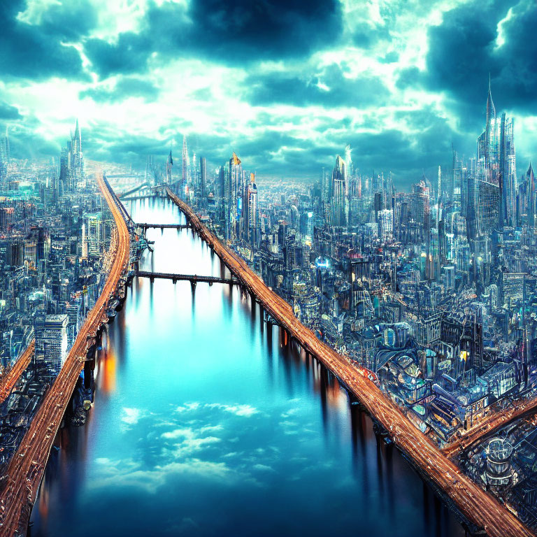 Futuristic cityscape with large bridge and skyscrapers under cloudy sky