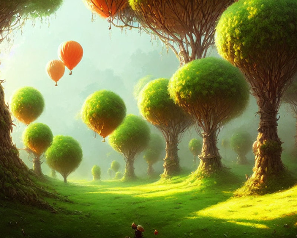 Spherical topiary trees in whimsical landscape with hot air balloons