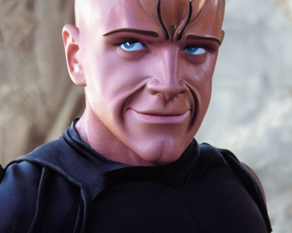 Bald animated character with arrow on head in black outfit against rocky background