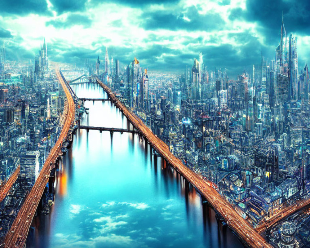 Futuristic cityscape with large bridge and skyscrapers under cloudy sky