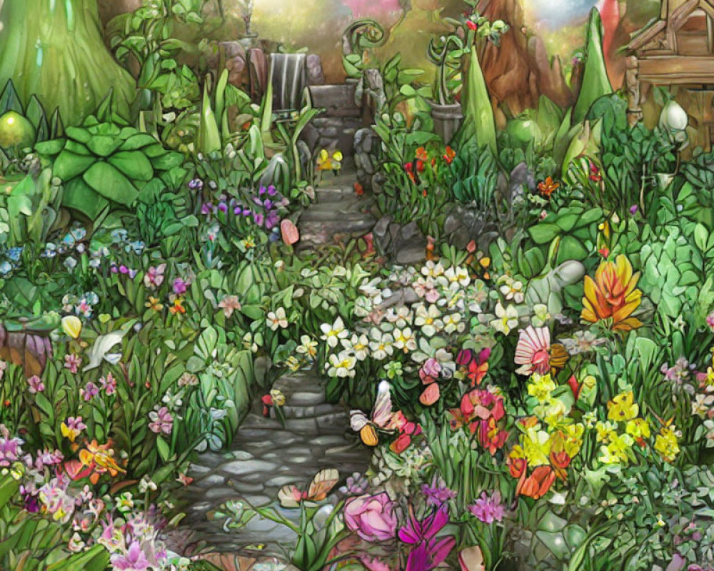 Vibrant garden scene with flowers, stone path, butterflies, and glowing lamps