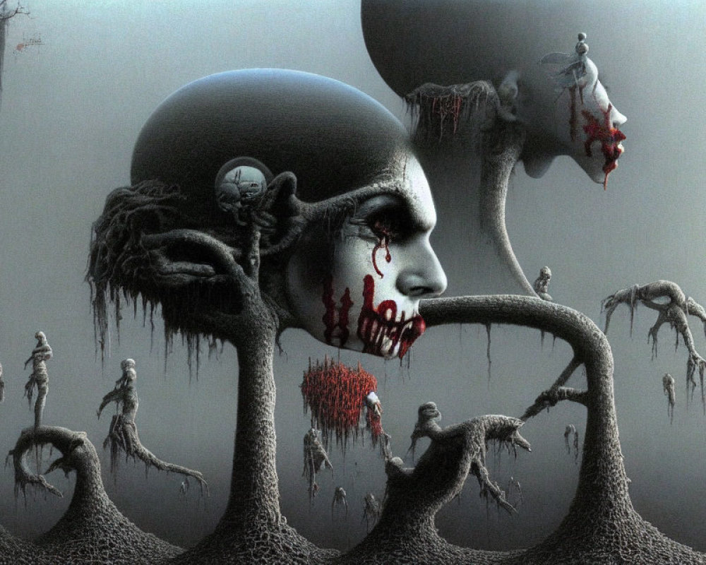 Dark surreal painting featuring skull-like figure and humanoid beings in bleak landscape